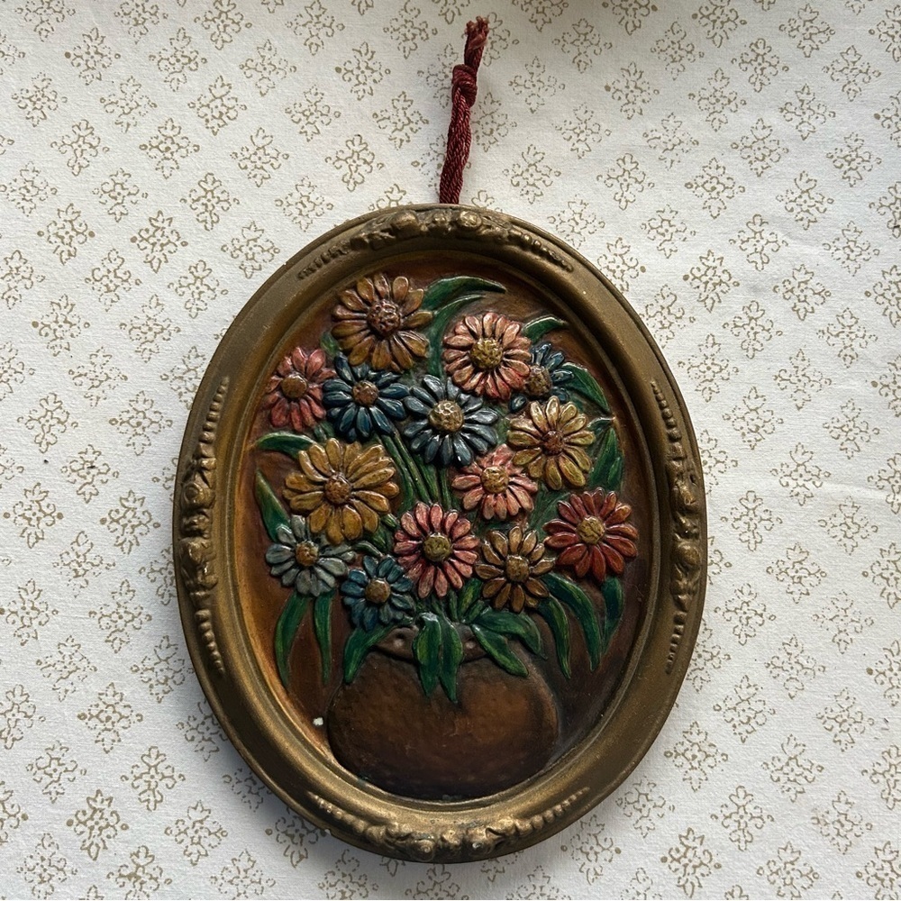 1940’s Colorful Chalk Ware Floral Wall Plaque